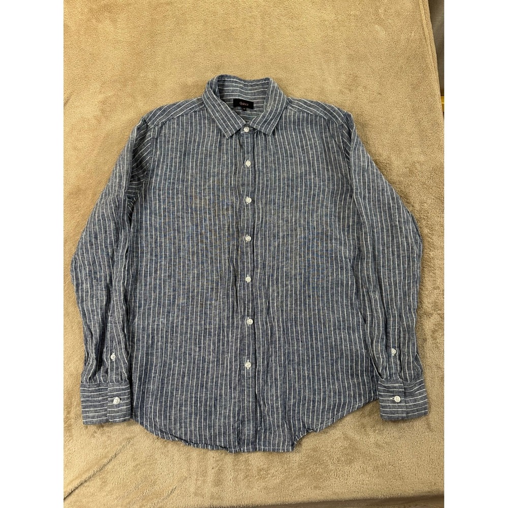 Quince European Linen Shirt Long Sleeve Mens M Blue Hickory Stripe Chmbray EUC